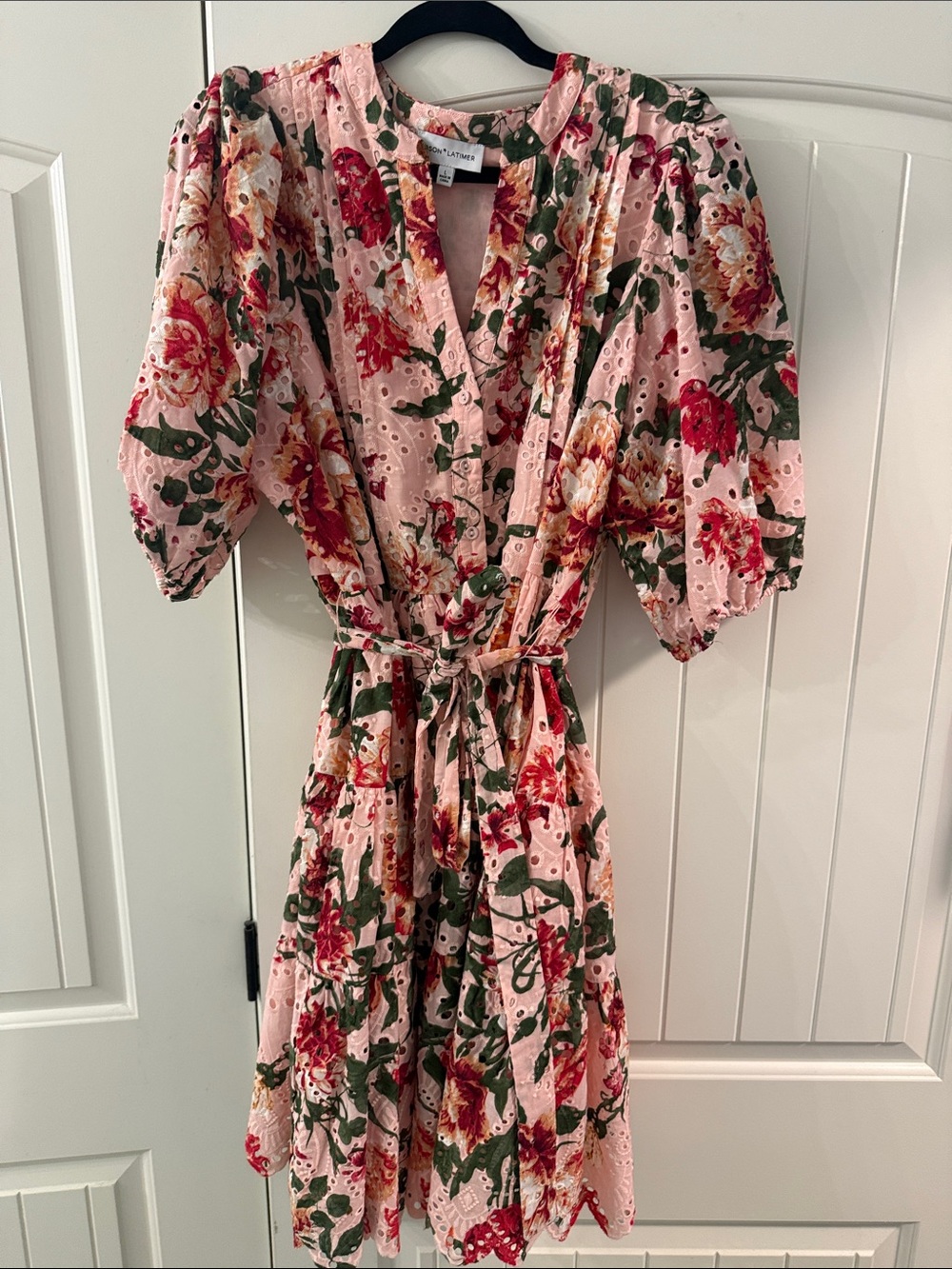Gibson Latimer Pink Floral Eyelet Wrap Midi Dress